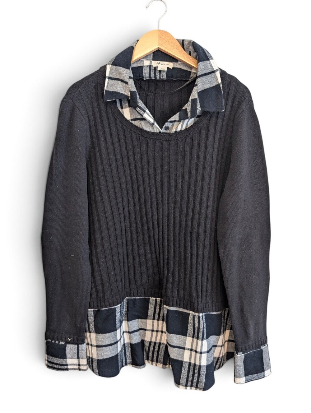 STYLE&CO Sweater Flannel Shirt Black Ribbed Plaid Layered Trim